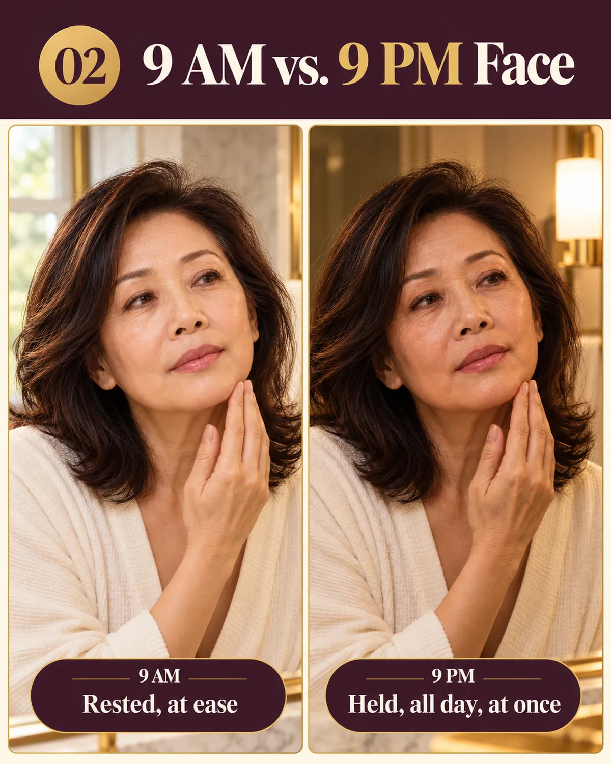9 AM versus 9 PM: the same woman relaxed and bright in the morning, then held and tense along the jaw and brow by evening