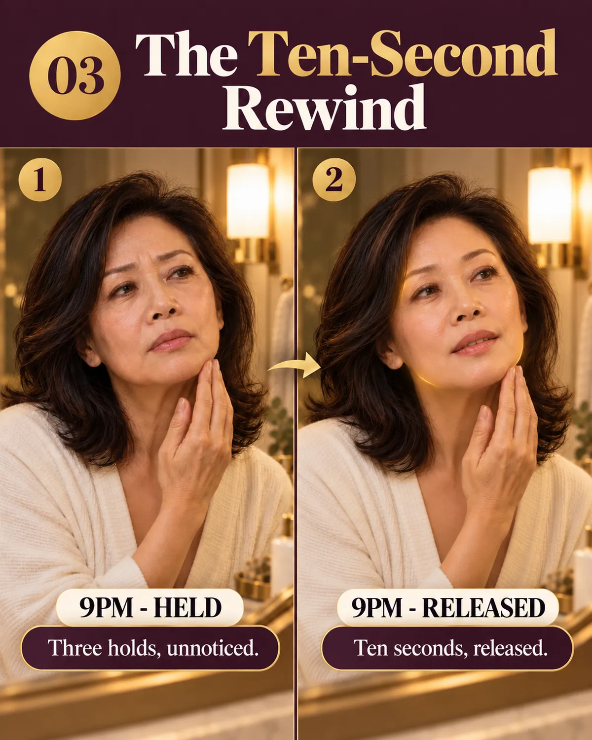 Two-step evening release: unclenching the jaw at the mirror, then gliding a metal facial tool along the neck and jawline