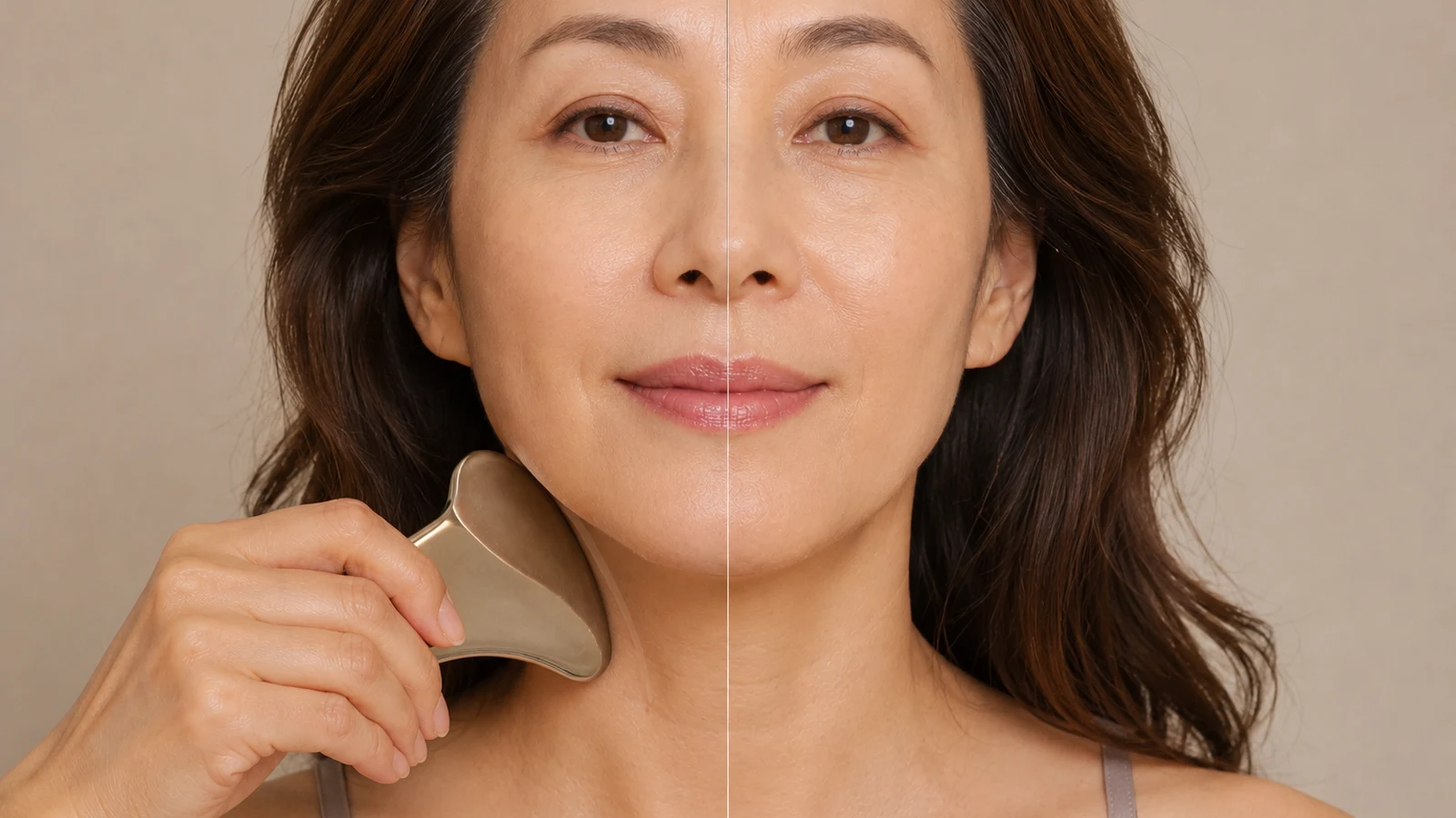 A woman's face split down the middle, one side worked with a bojin tool for comparison