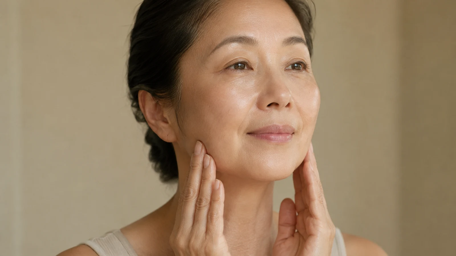 A woman gently pressing her fingertips along her jawline with a calm, relaxed expression