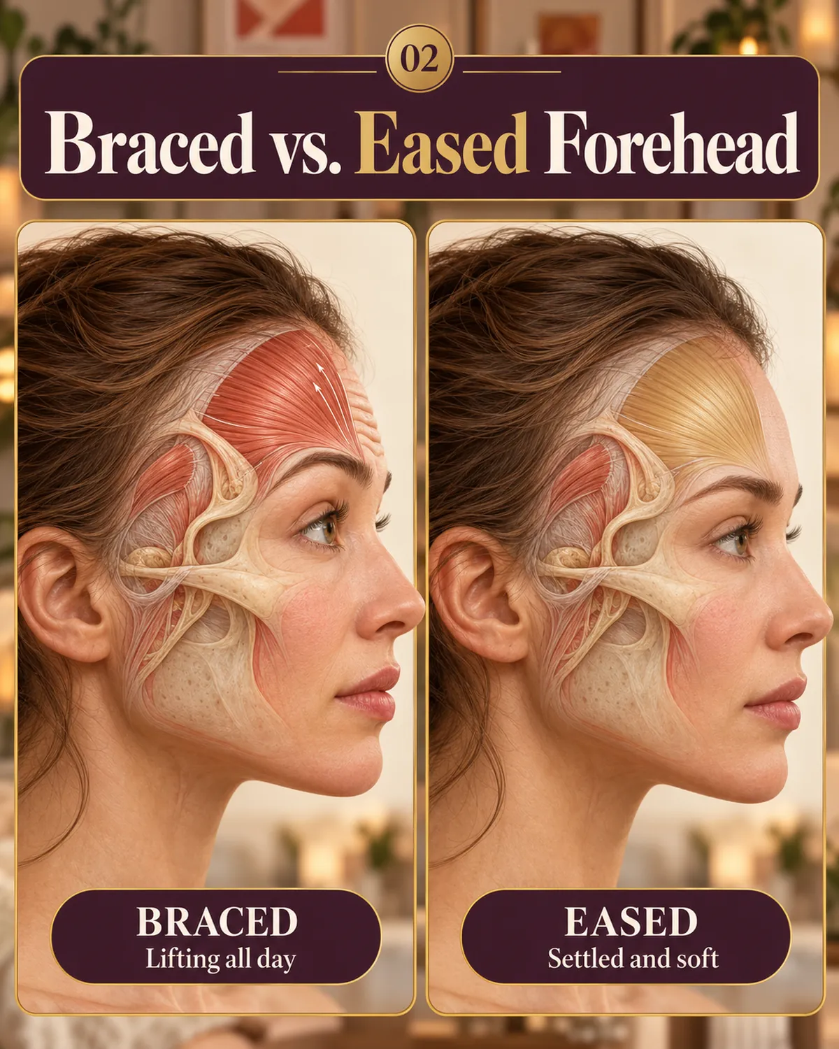 Braced versus eased forehead: anatomical illustration of the forehead muscle lifted and tense on the left, settled and calm on the right