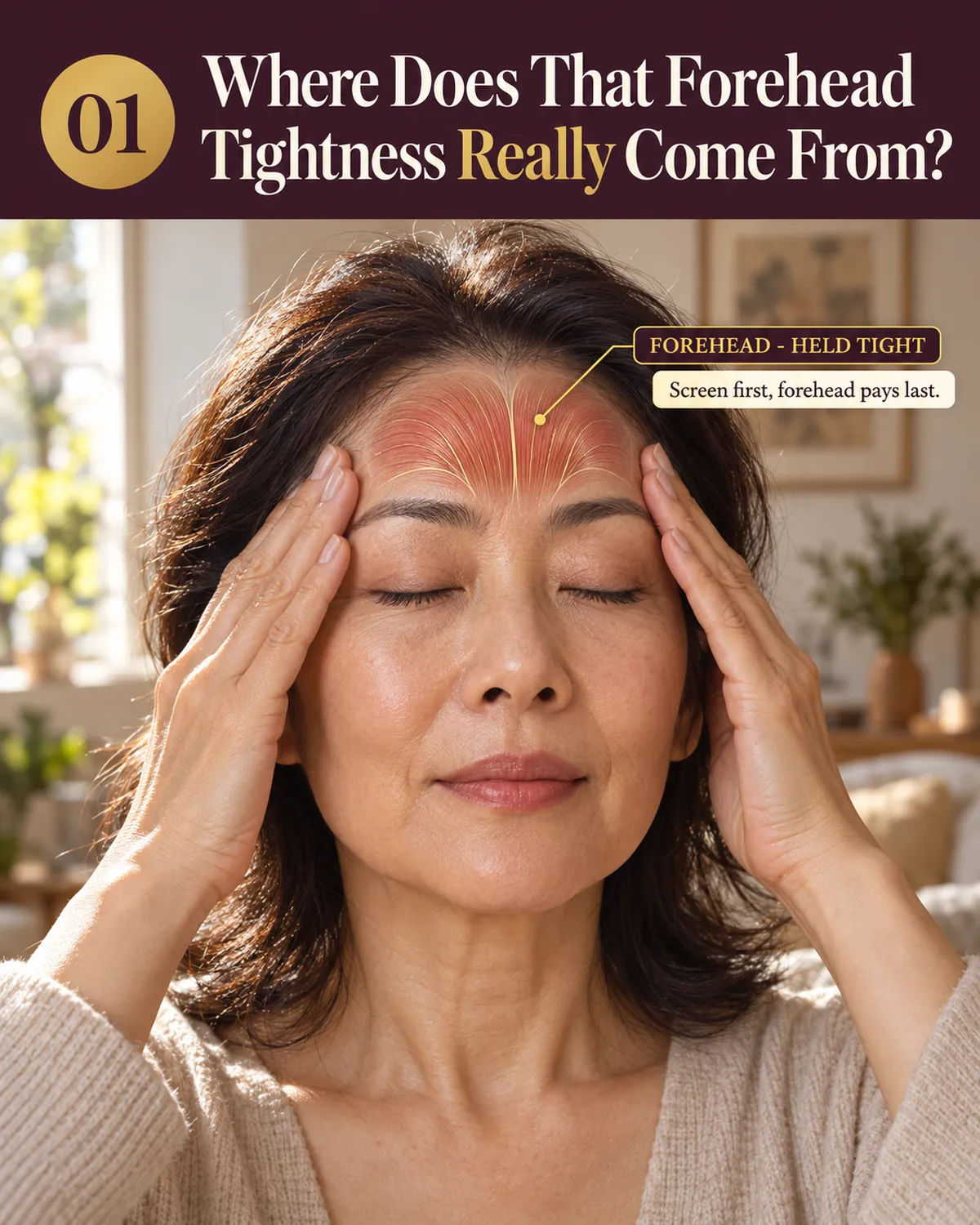 A woman pressing her palms against her forehead, the tight band above her brows built up from a day at the screen