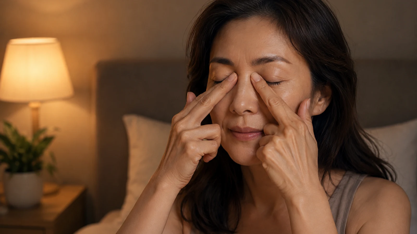 A woman at night gently pressing her fingertips at the inner corner of her brows, eyes closed, warm bedroom lamp light
