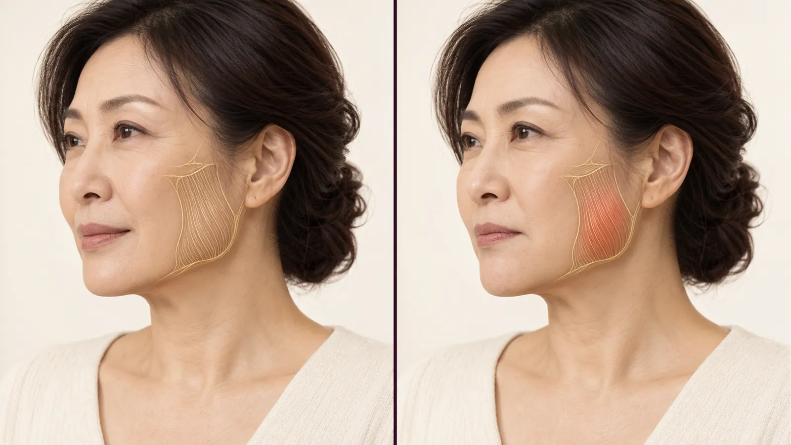 Side-by-side illustration of a woman with different jaw muscle overlays