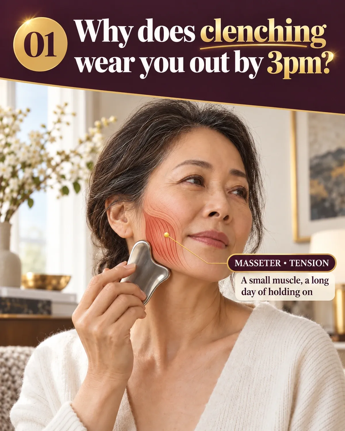 A woman pressing a metal facial tool to her jaw, checking where clenching wears her out by 3pm