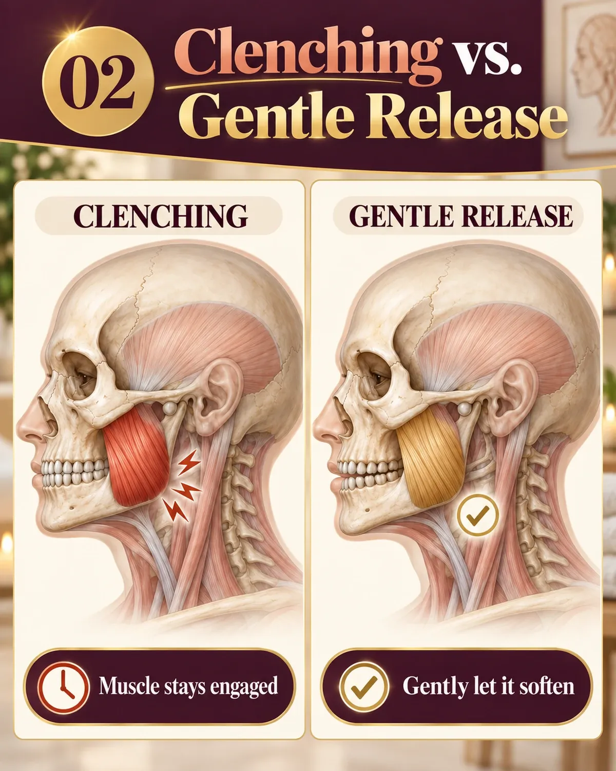 Clenching versus gentle release: anatomical illustration of the jaw muscle tense and highlighted red on the left, calm and highlighted gold on the right