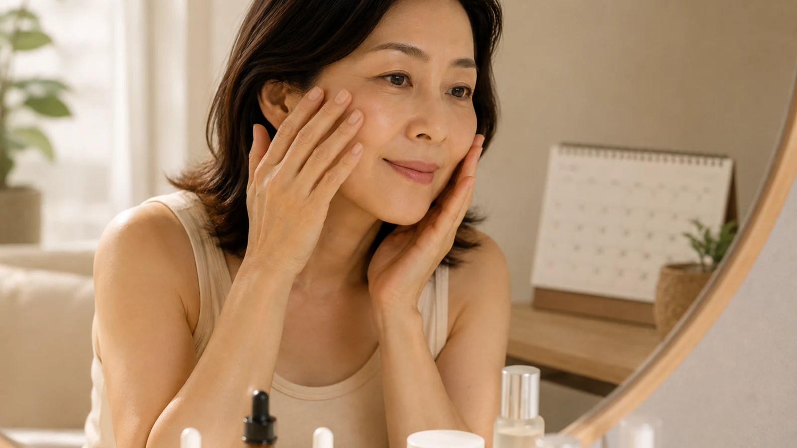 A mature woman doing a calm facial routine at a mirror, a small calendar in the background