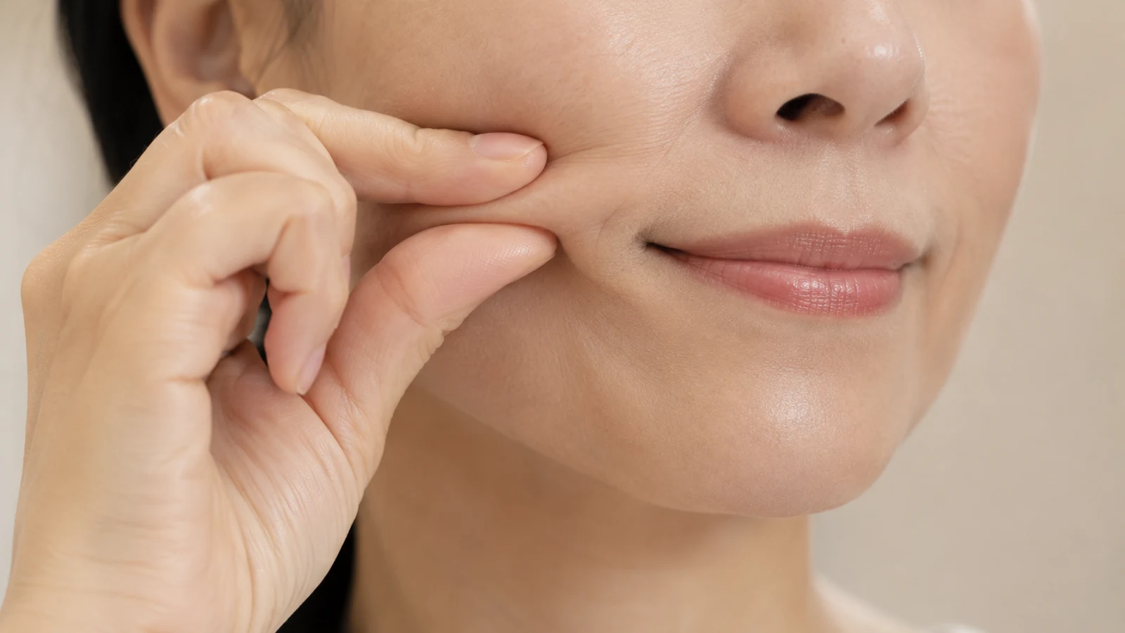A close-up of fingertips gently lifting the corner of the mouth upward