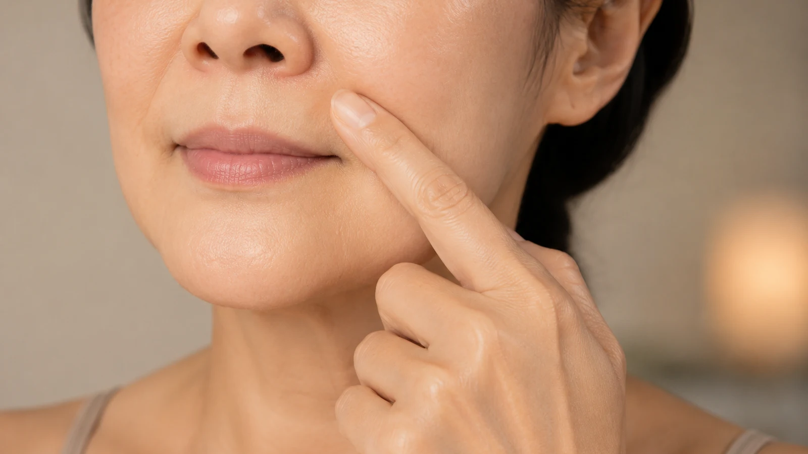 A fingertip gently working the cheek beside the fold that runs from nose to mouth