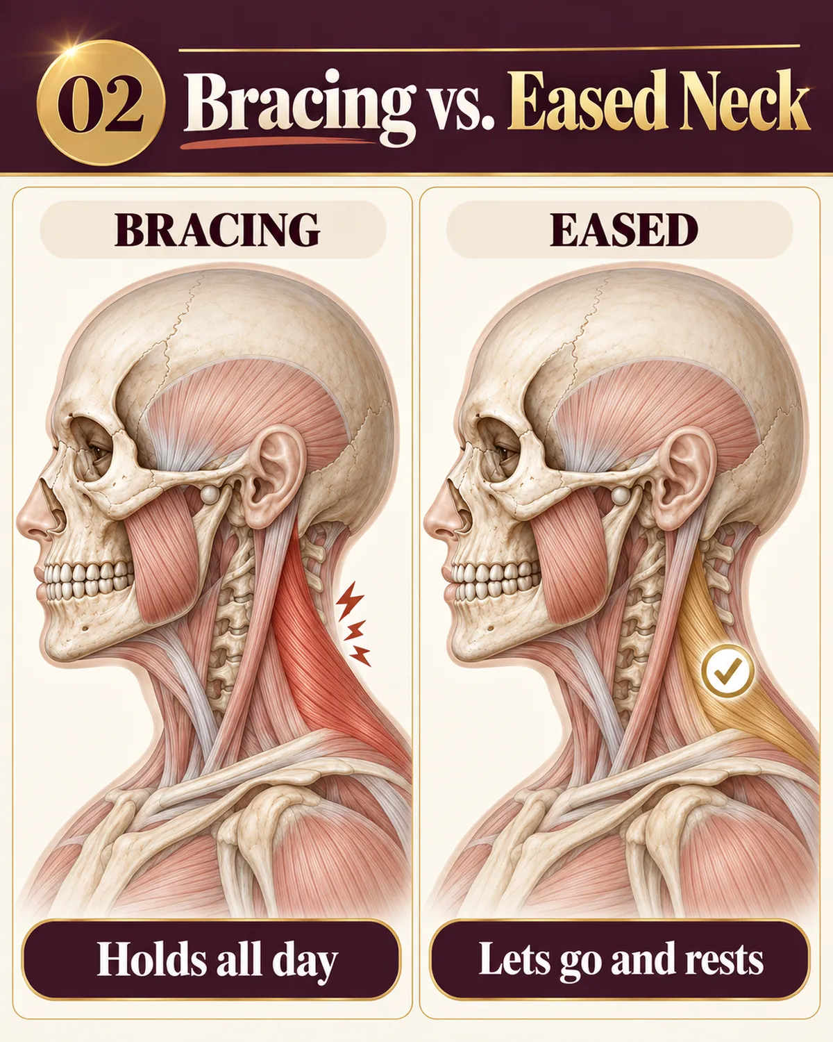 Bracing versus eased neck: anatomical illustration of the neck muscles gripped and tense on the left, calm and released on the right