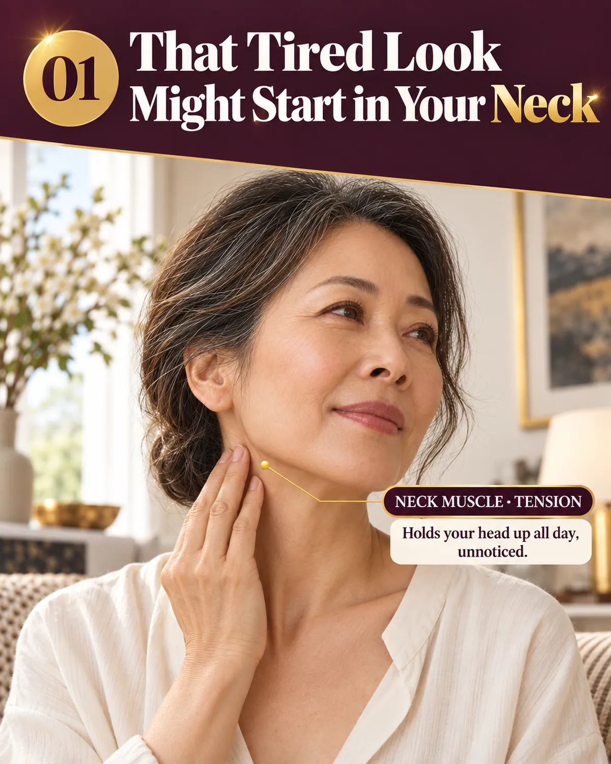 A woman resting her fingers on the side of her neck, checking for tension that carries into a tired-looking jaw