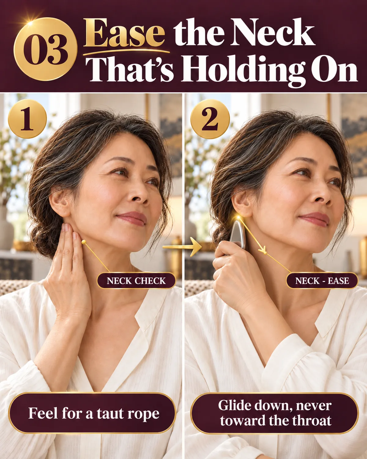 Two-step sequence: checking for tension at the side of the neck, then working it with a metal facial tool