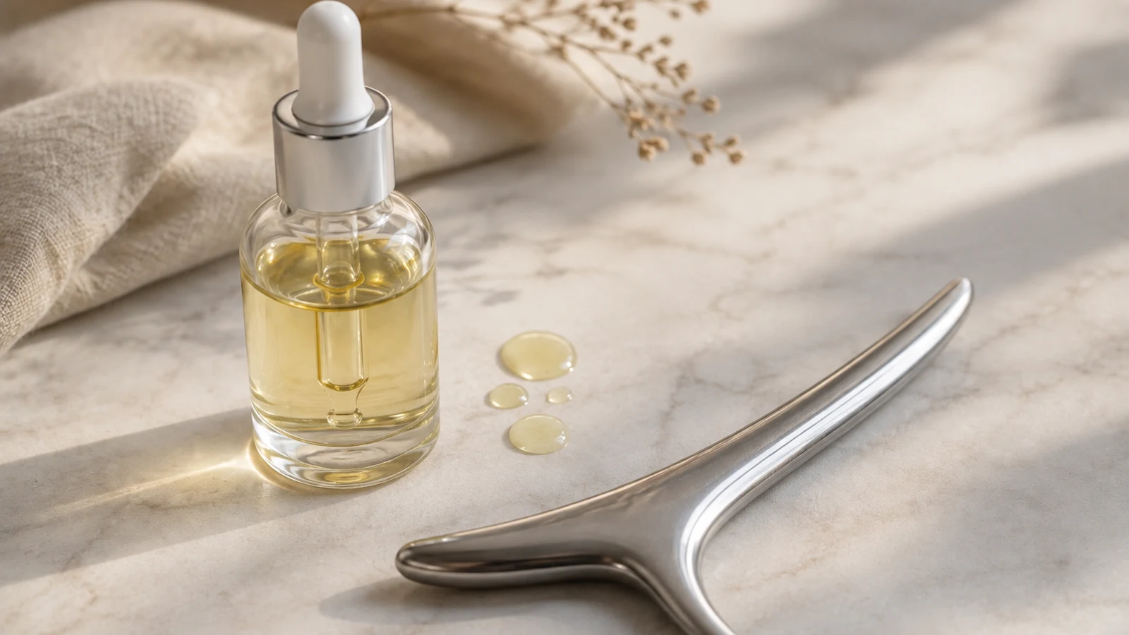 A dropper bottle of facial oil beside a polished stainless steel bojin stick