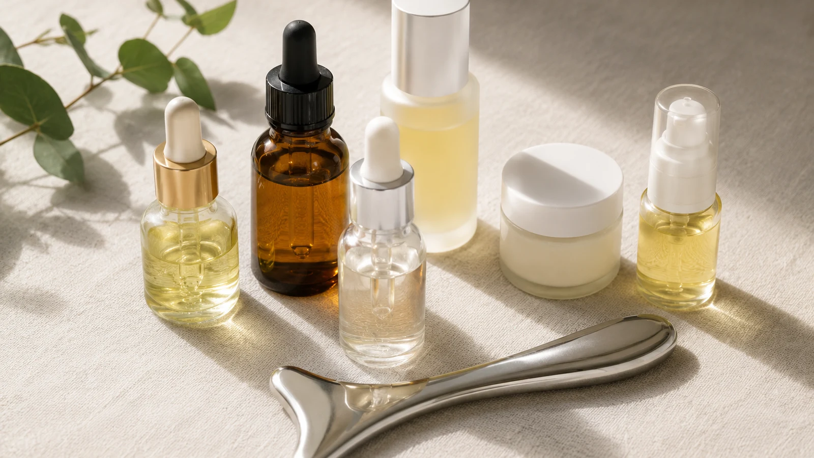 Several facial oils and creams arranged beside a stainless steel bojin stick