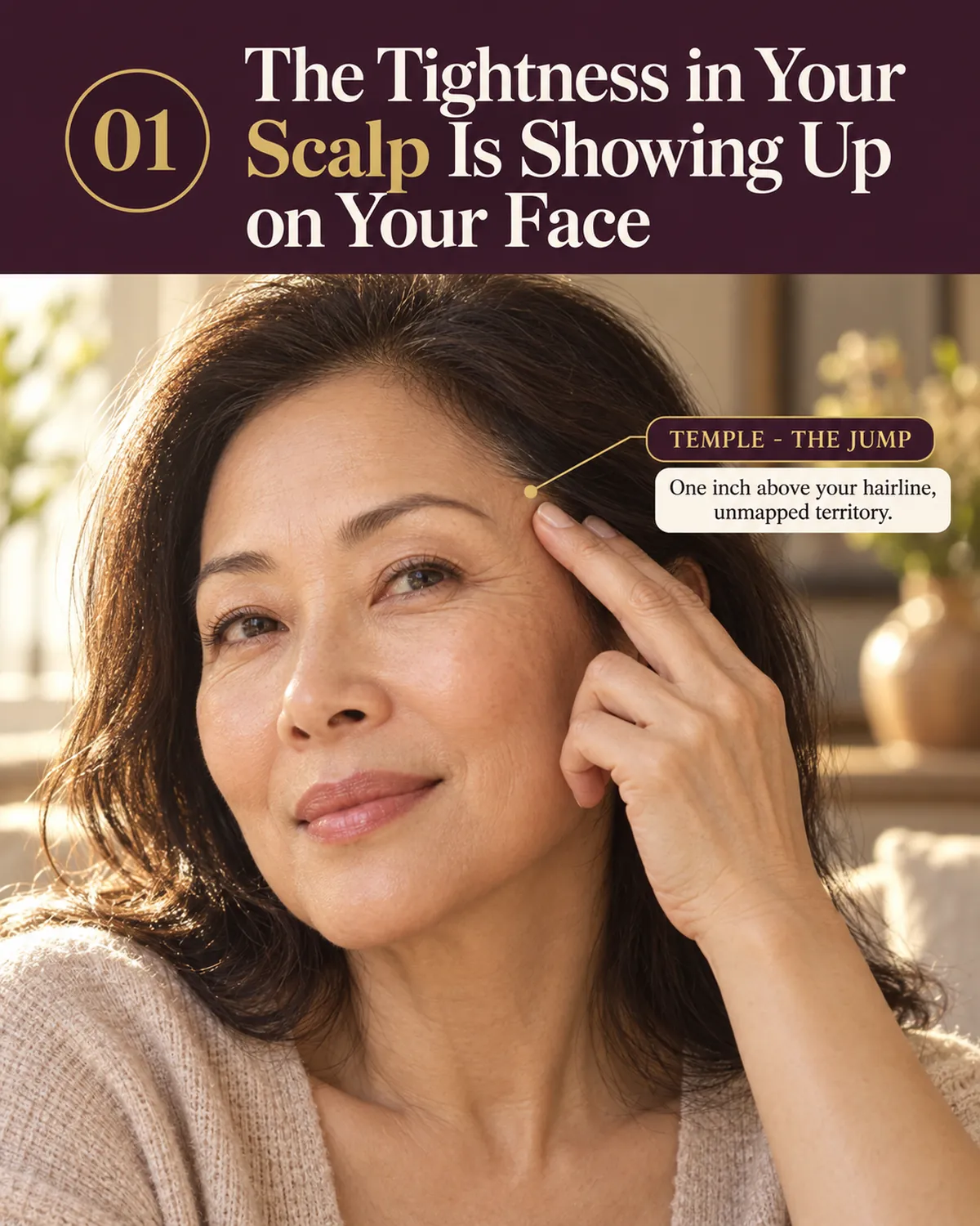A woman pressing two fingers against her temple, feeling the small jump that links her jaw to her scalp