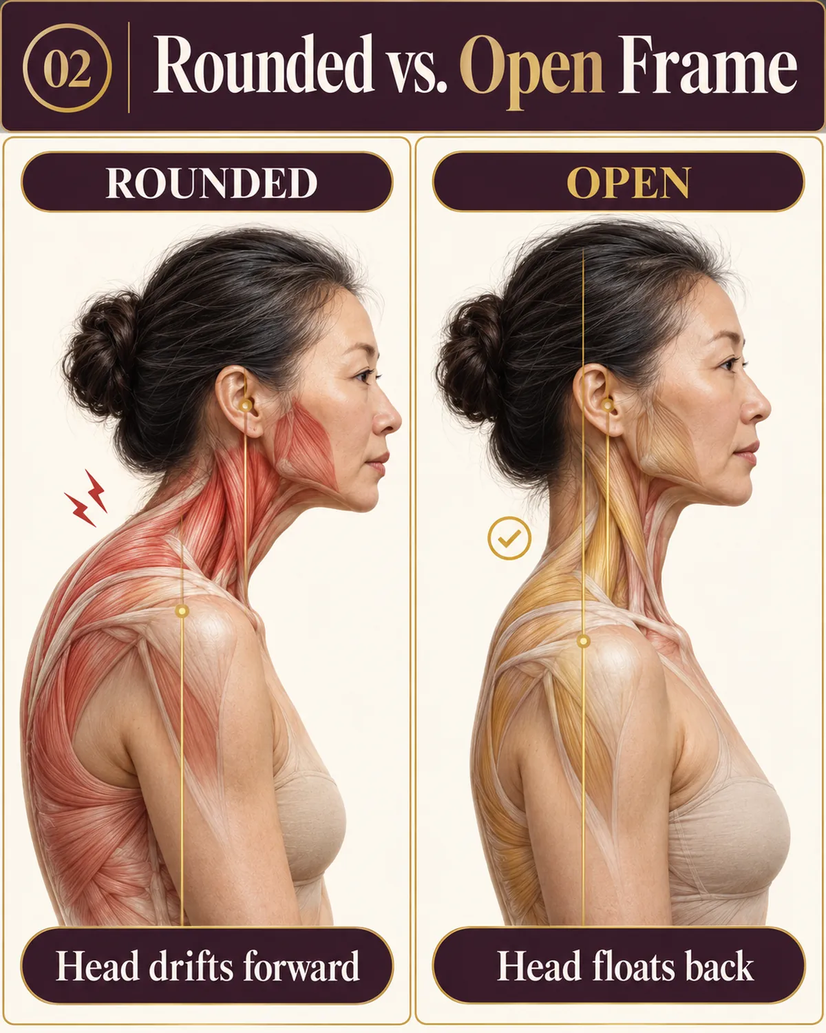 Rounded versus open frame: side profile comparison of shoulders rounded forward with the head drifting ahead, and shoulders open with the head balanced over the spine