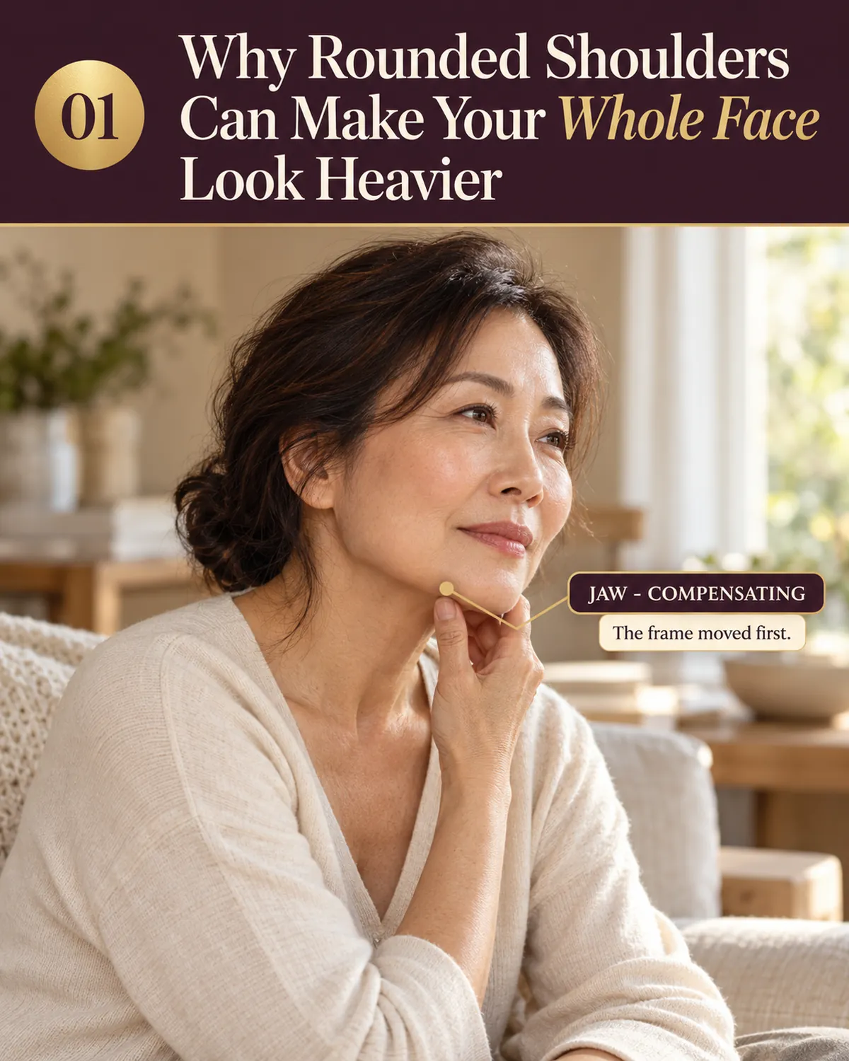 A woman with rounded shoulders touching her jaw, checking where the heaviness in her lower face actually starts