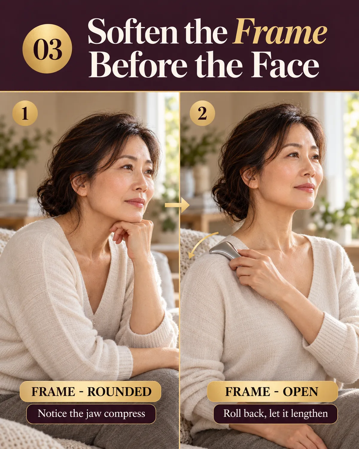 Two-step sequence: noticing rounded, slumped shoulders, then rolling them back and gliding a metal facial tool along the open shoulder line