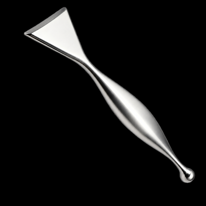 A slim, polished stainless steel bojin stick with a broad edge on one end and a small rounded tip on the other.