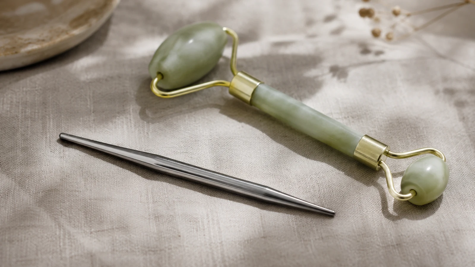 A stainless steel bojin stick resting beside a jade roller on a linen surface
