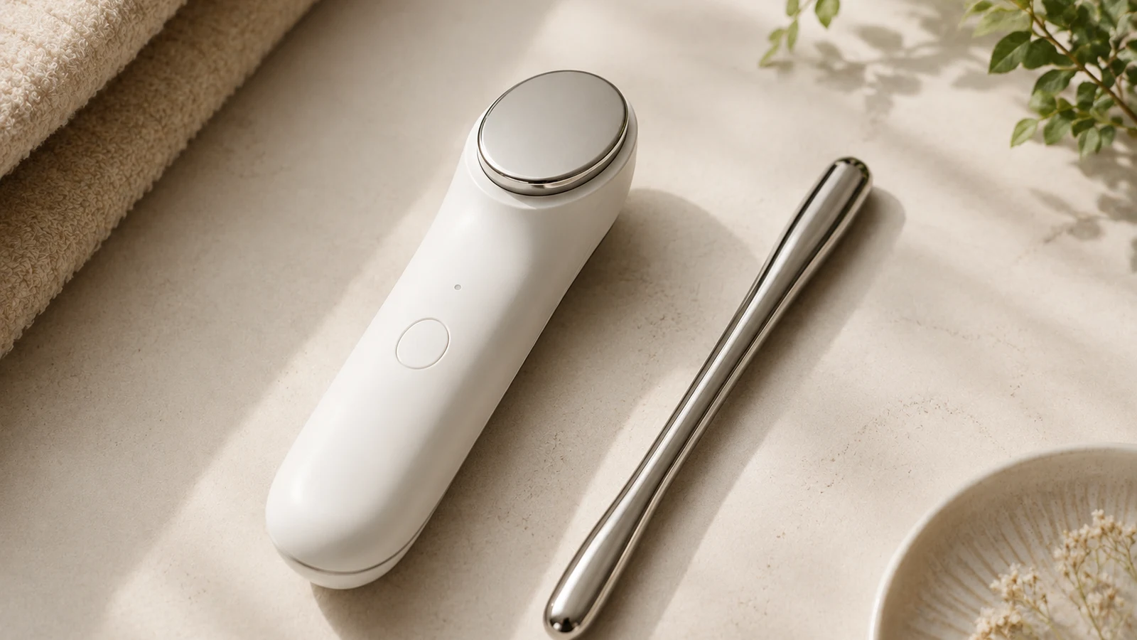 A white handheld microcurrent device beside a slim stainless steel bojin stick