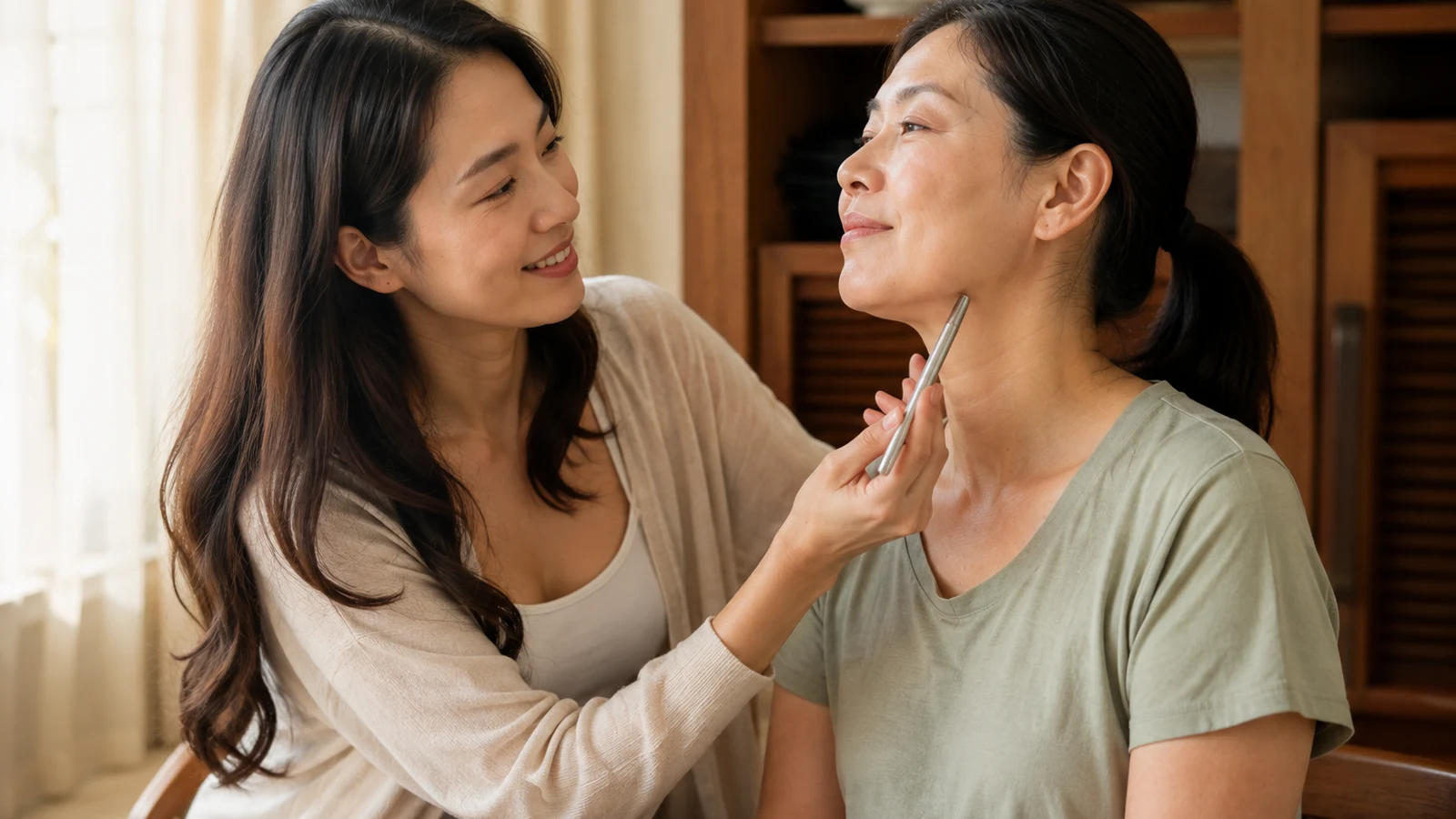 Two women sitting together at home, one gently working a bojin tool along the other's jaw