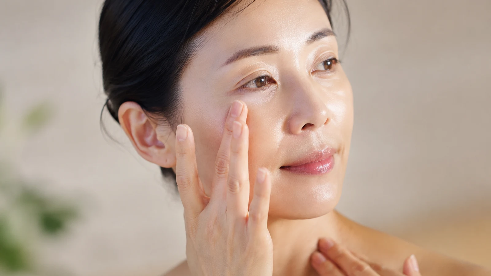 A mature woman gently touching the delicate skin at her outer eye and neck
