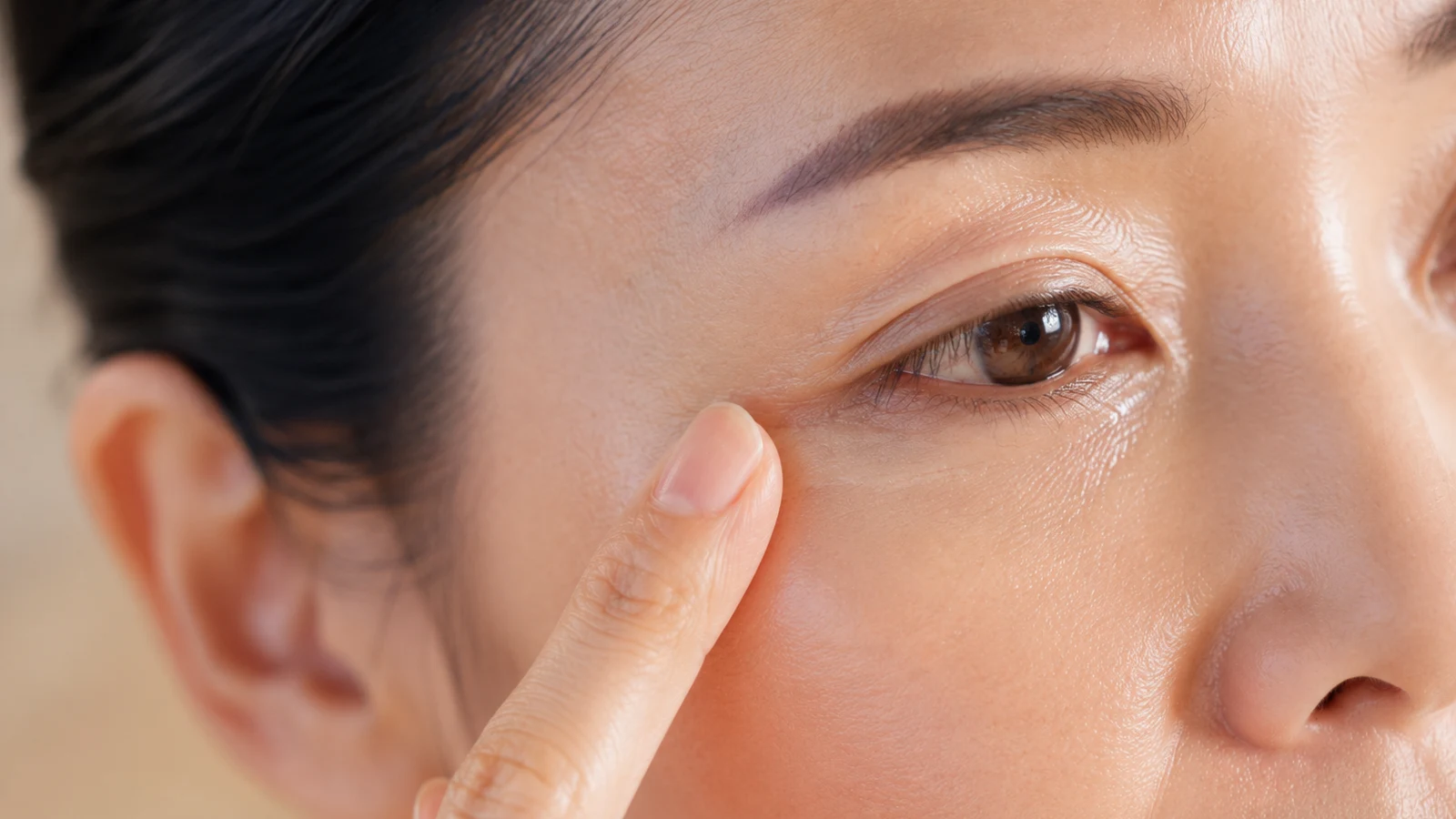 A close-up of a fingertip gently pressing at the outer under-eye area